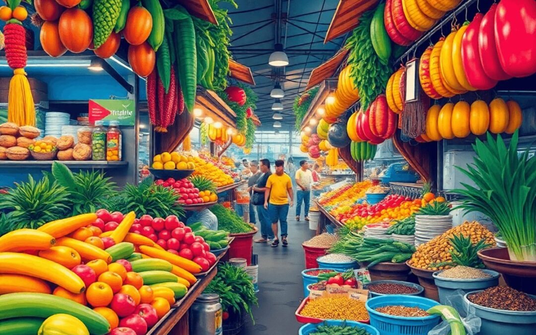 A lively Manila street market filled with fresh tropical fruits, vegetables, and spices, featuring traditional food stalls and cooking utensils, exuding vibrant Filipino culture.