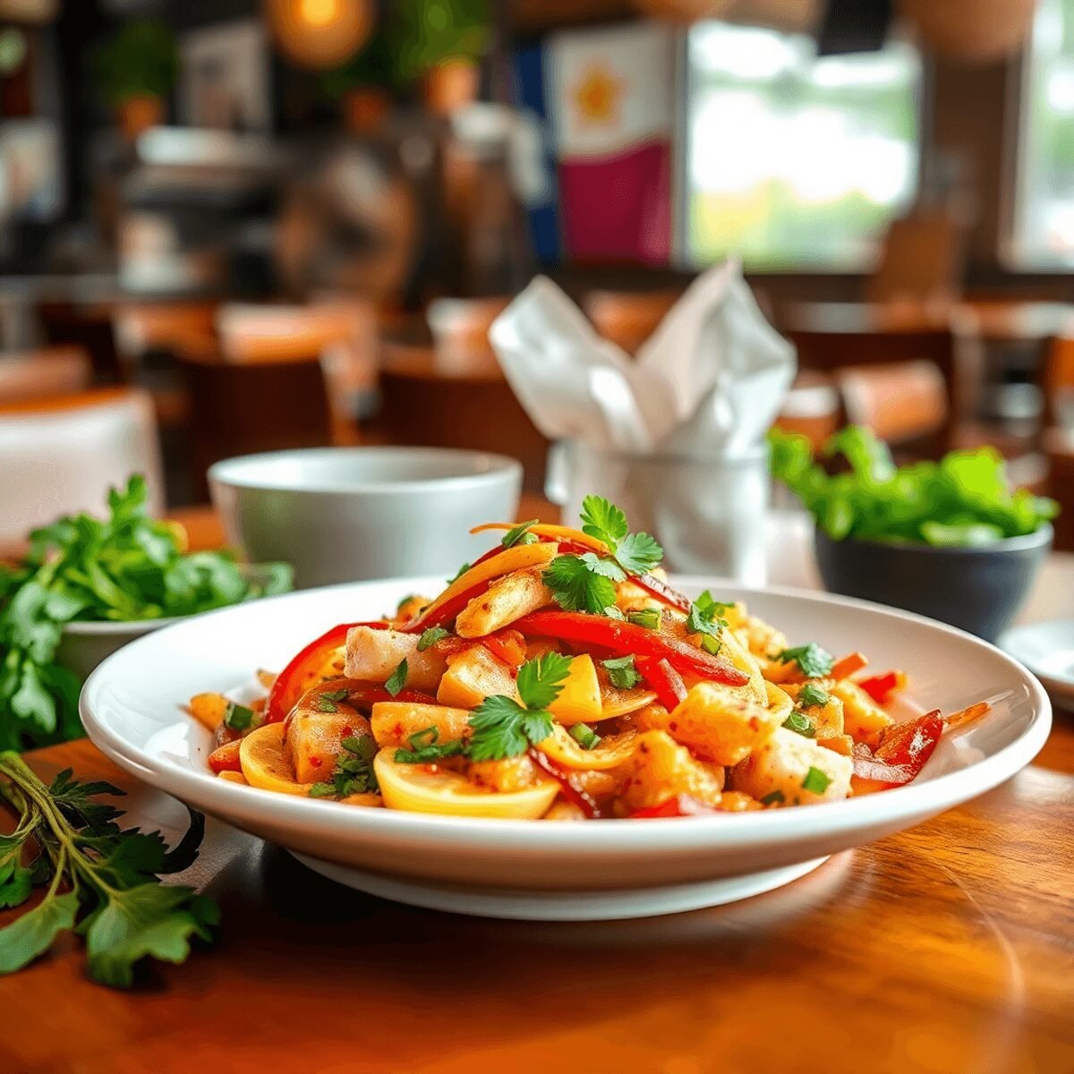 A beautifully plated dish featuring a fusion of Filipino and Texan flavors, adorned with colorful ingredients, fresh herbs, and traditional cooking utensils in a warm restaurant setting.